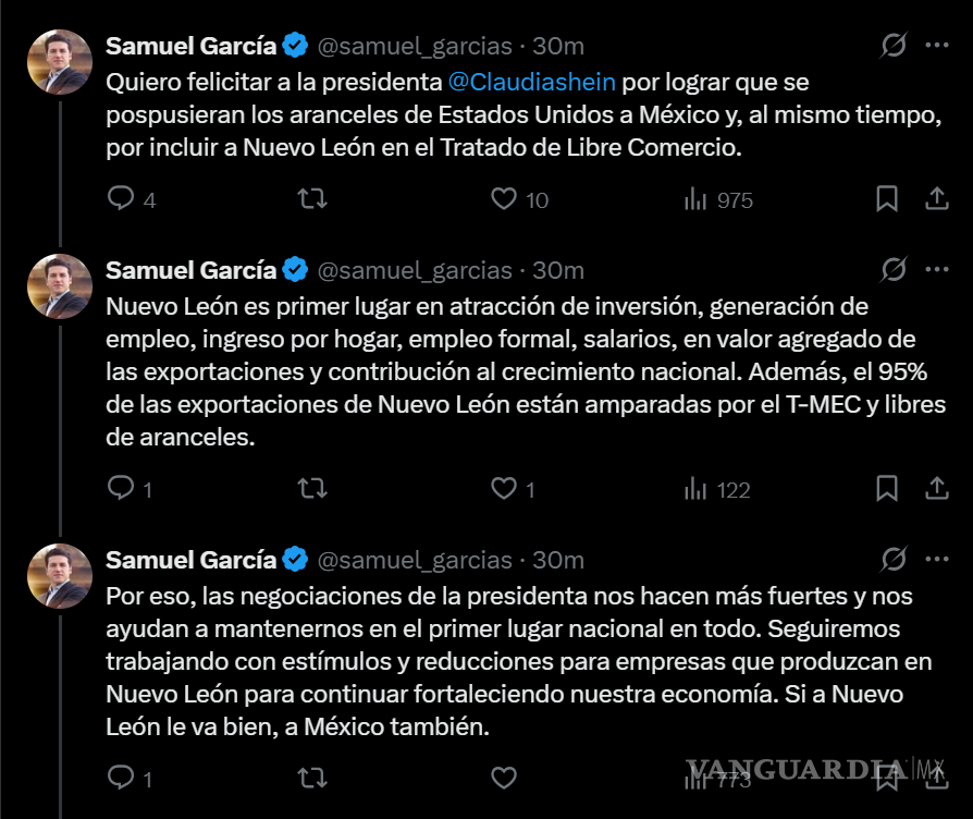 $!Celebra Nuevo León acuerdo de prórroga que logra Sheinbaum con Trump para aplicación de aranceles