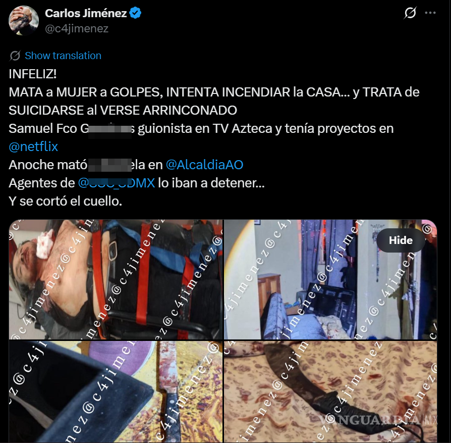 $!Guionista de TV Azteca y Netflix asesina a su pareja e intenta quitarse la vida