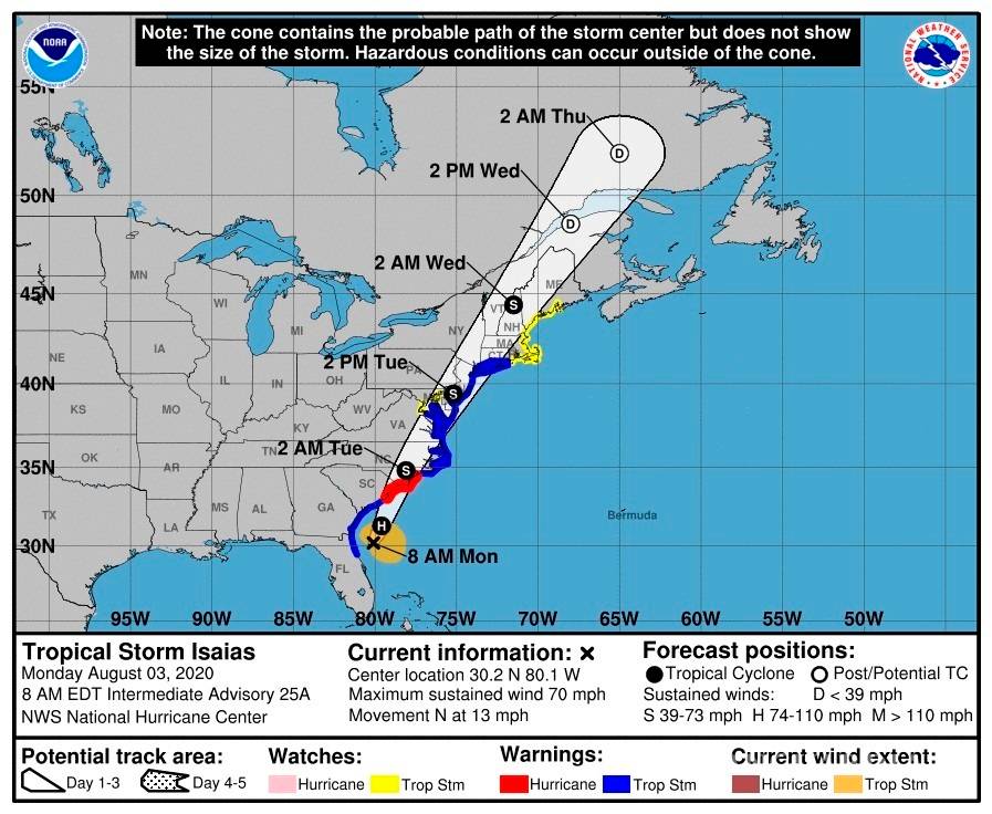 $!Isaias gana fuerza, podría golpear las Carolinas como huracán categoría 1