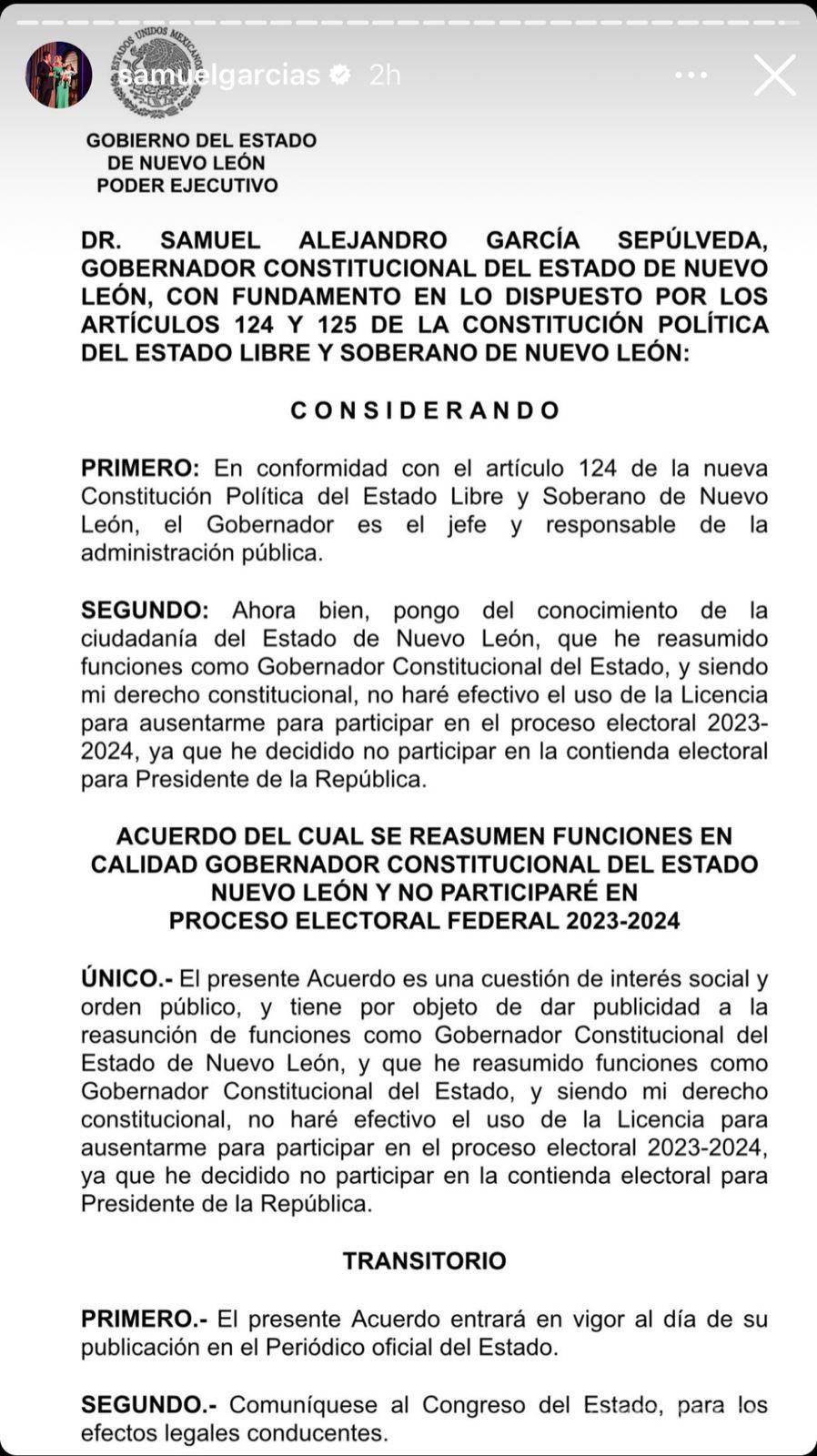 $!Samuel García confirma la decisión de regresar al Gobierno de Nuevo León y abandonar la contienda de Movimiento Ciudadano por la Presidencia.