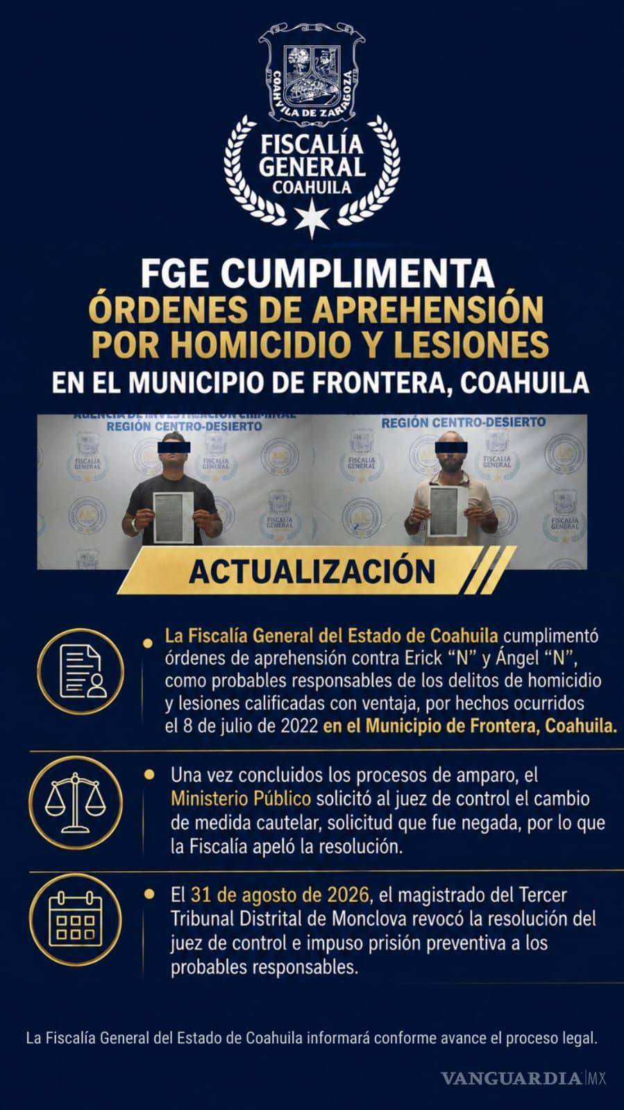 $!La Fiscalía informó que las detenciones se concretaron luego de que un tribunal revocara la resolución del juez de control y ordenara la prisión preventiva.