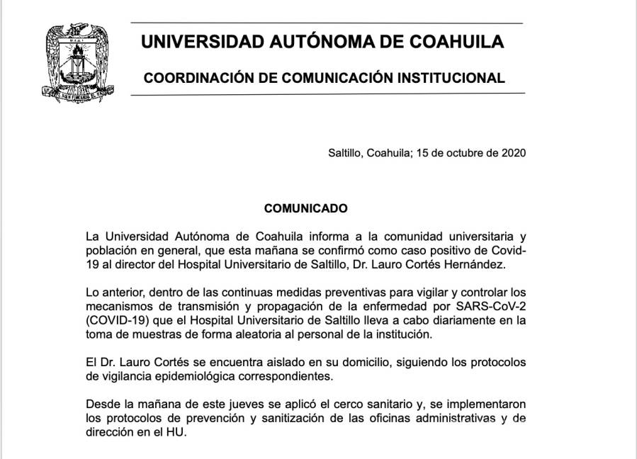 $!Lauro Cortés, director del Hospital Universitario de Saltillo, da positivo a COVID-19