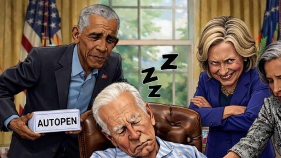 En esta imagen creada con IA y que Trump publicó en su red social Truth Social se observa a su antecesor, Joe Biden así como a su hijo Hunter a el expresidente Brack Obama y a Hillary Clinton.