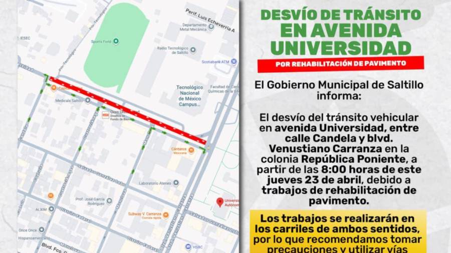 El tramo intervenido, entre la calle Candela y el bulevar Venustiano Carranza, permanece con restricciones mientras se desarrollan labores sobre la carpeta asfáltica.