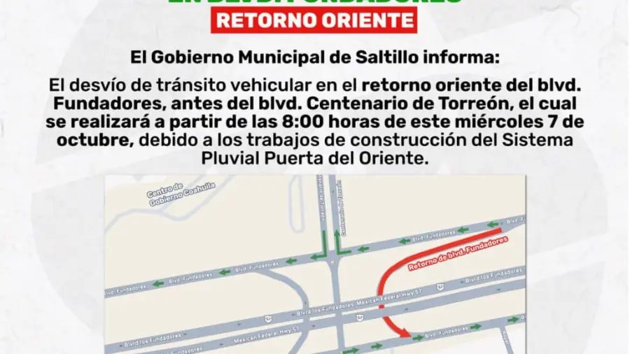 El retorno ubicado antes del Centro de Gobierno permanecerá cerrado temporalmente. Los trabajos forman parte de la construcción del Sistema Pluvial Puerta de Oriente.