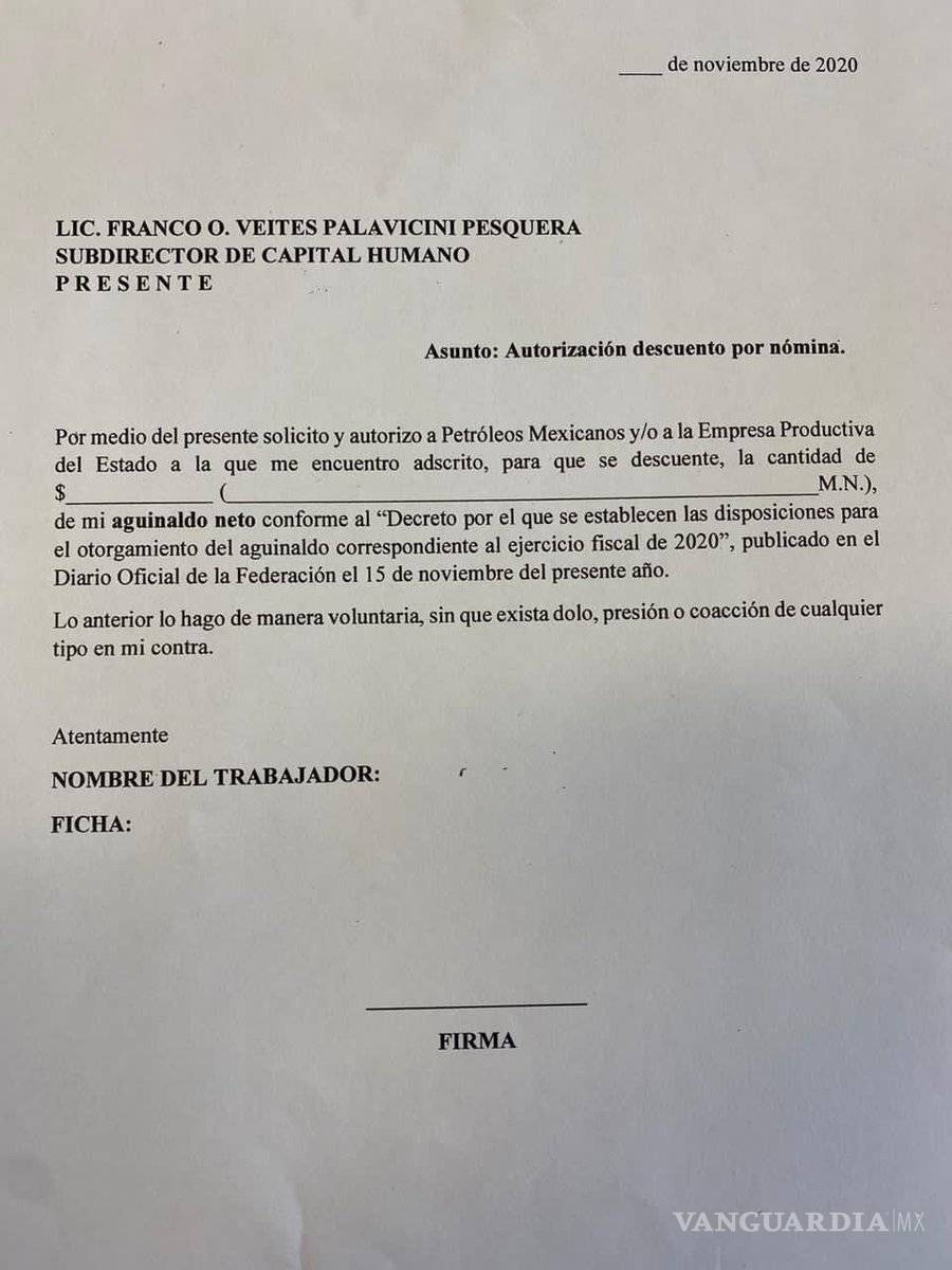 $!Piden a empleados de Pemex regresar su aguinaldo 'voluntariamente' a fuerza