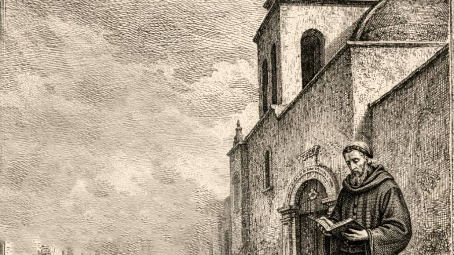 Esta escena recrea el oficio cotidiano de los doctrineros del Saltillo colonial, obligados a registrar cada muerte del Pueblo de San Esteban desde 1632.