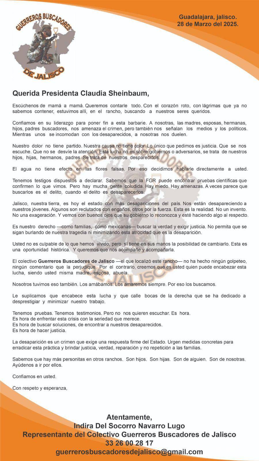 $!‘Tenemos pruebas... Pero no nos quieren escuchar’: Guerreros Unidos de Jalisco envía carta a Sheinbaum