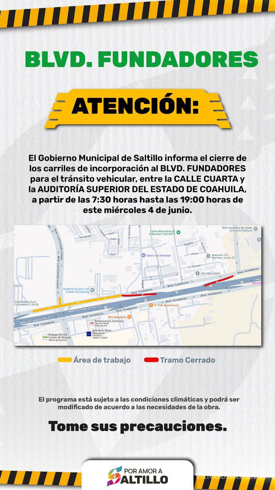 $!¡Atención Saltillo! Cierran carriles de incorporación en Fundadores por trabajos de recarpeteo este miércoles