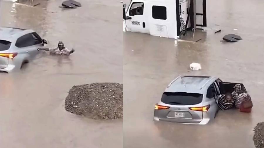 Disfrazado del popular personaje, el hombre auxilió a una mujer que quedó atrapada con su camioneta en la inundación de Loma Linda.