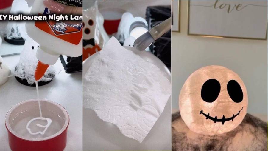 La técnica de papel moldeado sobre globo permite crear estructuras rígidas de fantasmas o calabazas que se transforman en lámparas.