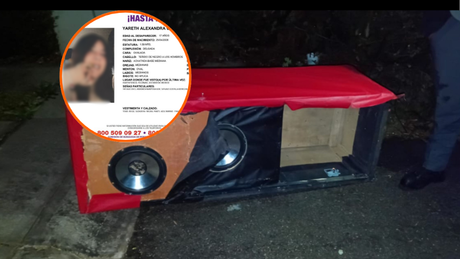 Agentes ministeriales localizaron a Yareth Alexandra escondida dentro de una bocina de madera durante un cateo en Temascalapa, donde también fueron detenidos tres presuntos implicados