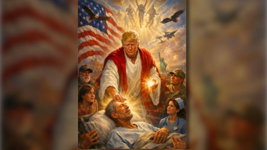 Donald Trump difundió una imagen generada por IA tras criticar al pontífice; la imagen muestra a Trump con túnica realizando una supuesta curación, rodeado de símbolos de EE.UU. y figuras religiosas.