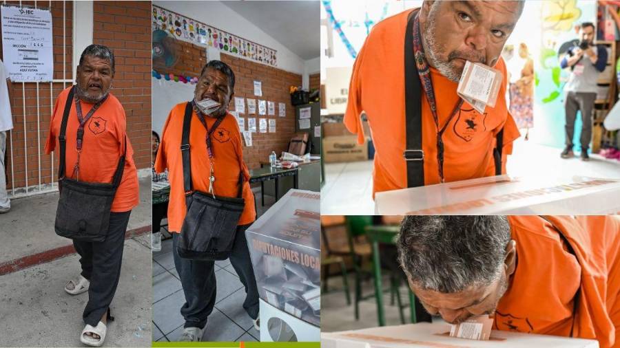 Sin brazos de nacimiento, Arturo Morales Herrera acudió a votar con apoyo de una amiga y emitió su sufragio utilizando los labios, en una muestra de perseverancia y compromiso ciudadano.