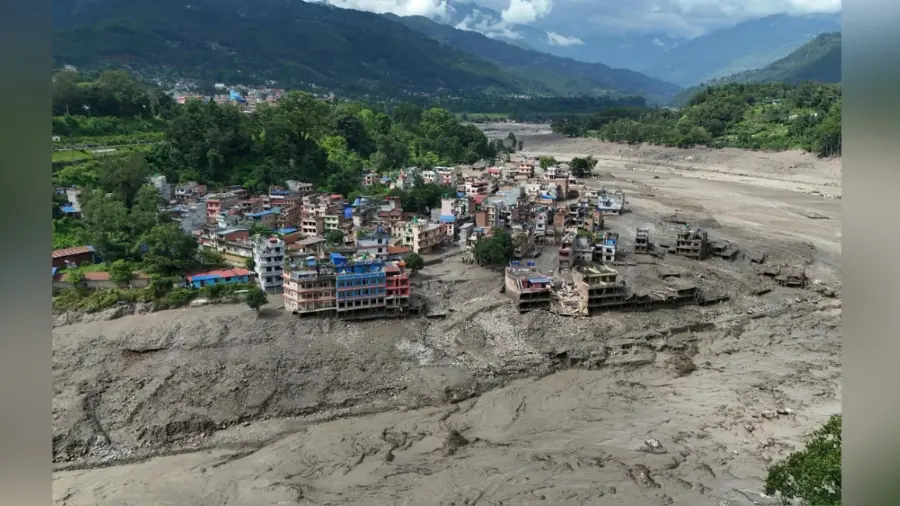 Vista área de Nepal tras la inundación