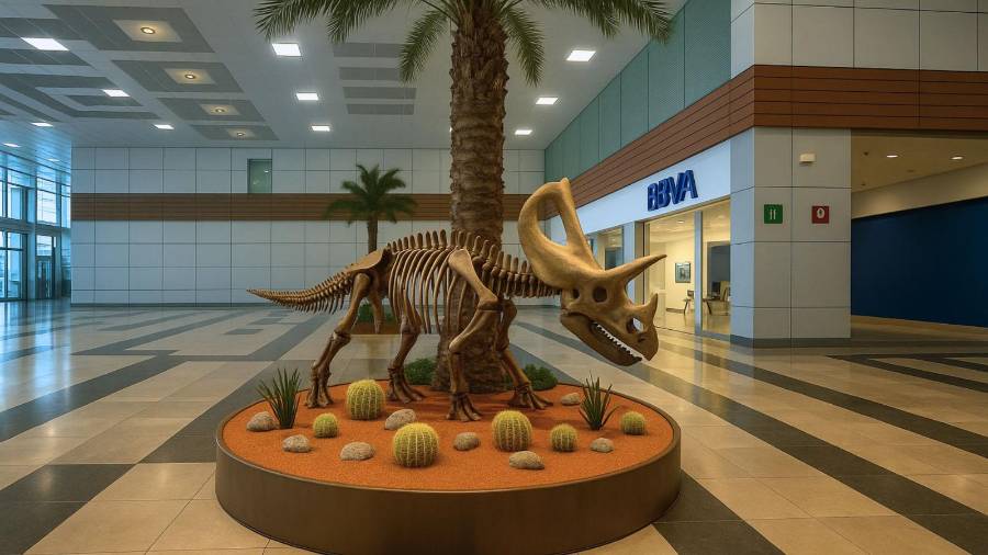 La imagen conceptual muestra un espacio abierto y dinámico, donde se integran piezas representativas del Museo del Desierto con una estética moderna pensada para entornos aeroportuarios.