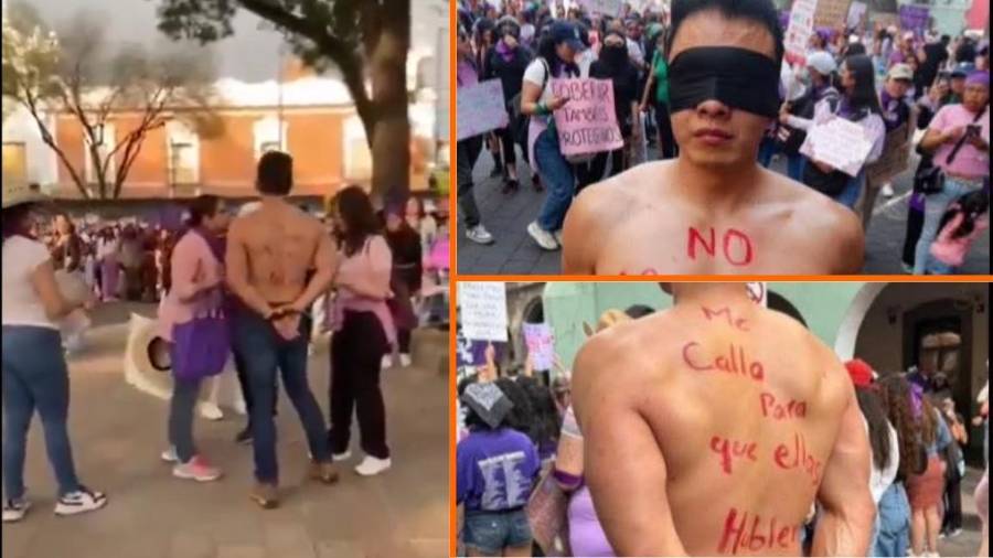 Durante la manifestación del Día Internacional de la Mujer, un hombre que se integró a las marchas en Tlaxcala fue confrontado y exhibido por una mujer como deudor alimentario.