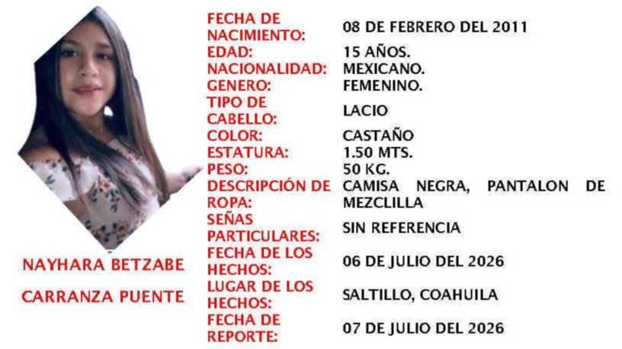 La Fiscalía de Personas Desaparecidas difundió la ficha de búsqueda de Nayhara Betzabé Carranza Puente, de 15 años.