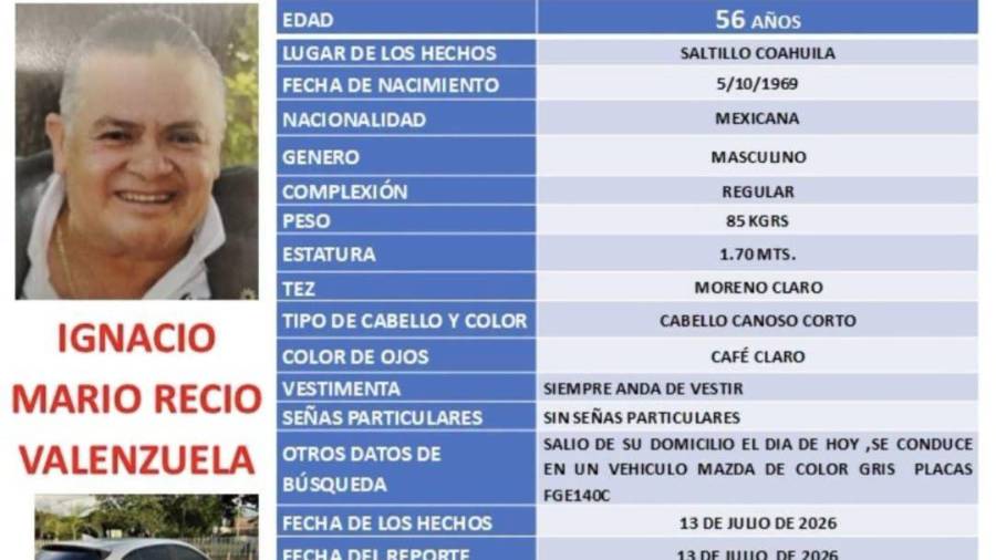 La Fiscalía de Personas Desaparecidas informó que Ignacio Mario Recio Valenzuela salió de su domicilio con dirección a su trabajo y desde entonces se desconoce su paradero.
