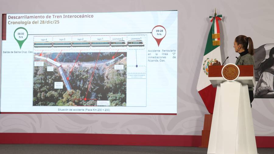 La presidenta Claudia Sheinbaum envió condolencias por el descarrilamiento del Tren Interoceánico en Oaxaca, aseguró atención prioritaria a víctimas y familiares y afirmó que la investigación se realizará con rigor