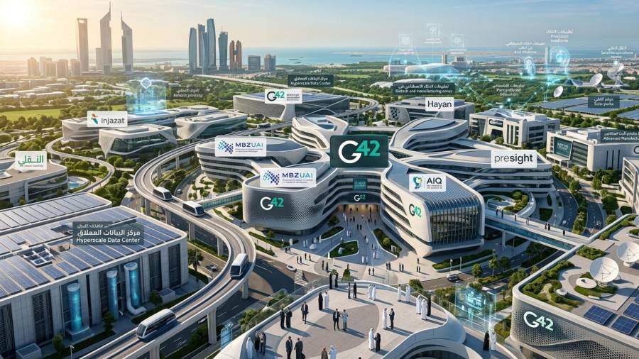 Imagen creada a través de la inteligencia artificial que ilustra el ecosistema de IA en torno a G42 construido por los Emiratos Árabes Unidos.