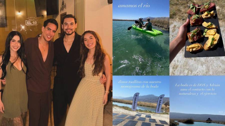 “Las Alucines”, Lupita Villalobos y Kass Quezada, posan junto a Un Tal Fredo y su pareja durante la celebración de su enlace matrimonial en Cuatro Ciénegas, Coahuila.