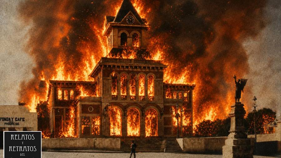Imagen modificada y recreada digitalmente (no real), de lo que pudo haber sido el incendio del Teatro Acuña en agosto de 1902.