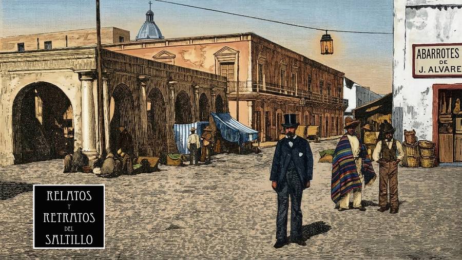 Grabado de El Parián, el tradicional mercado del Saltillo del siglo XIX. Imagen coloreada por IA.