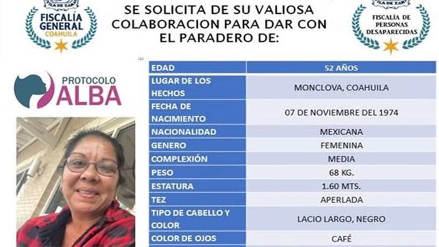 La Fiscalía solicitó el apoyo de la ciudadanía para aportar información que permita ubicar a Ana Erika Martínez Ballesteros, de 52 años de edad.