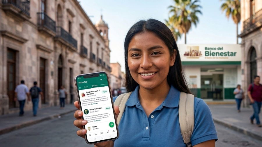 Beneficiaria verifica información oficial de las Becas Bienestar en WhatsApp para evitar fraudes