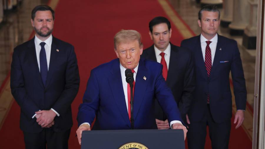El presidente Donald Trump habla desde la Sala Este de la Casa Blanca en Washington, el sábado 21 de junio de 2025, después de que el ejército estadounidense atacara tres instalaciones nucleares y militares iraníes.
