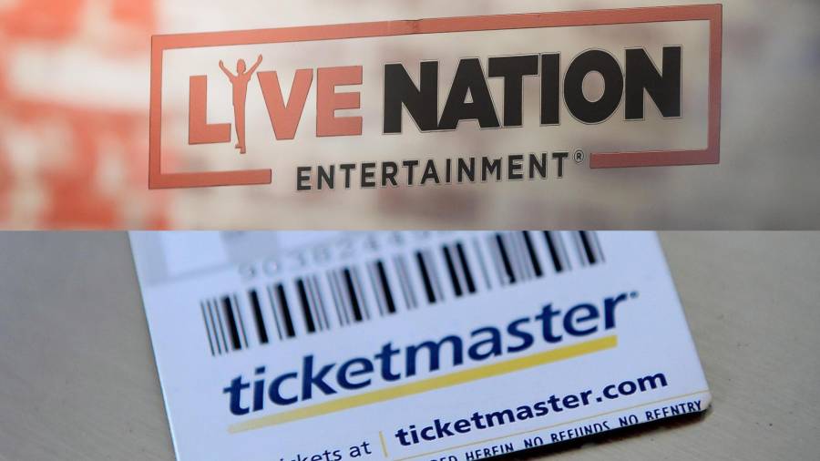 Combo de fotografías de archivo que muestra el logo de Live Nation Entertainment en la puerta de una oficina en Nueva York, y de un ticket de Ticketmaster.