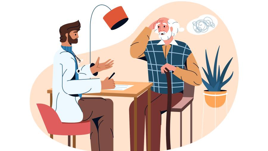Flat psychiatrist and elderly patient with alzheimer diseas, dementia, psychiatric or anxiety disorder. Doctor help to old man with confusion in head. Treatment of mental problems or loss of memory.