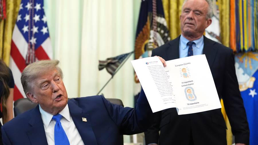 El presidente estadounidense Donald Trump, junto al secretario de Salud Robert F. Kennedy Jr.,sostiene una imagen tomada de su cuenta en Truth Social, durante la firma de una orden ejecutiva sobre vacunación.