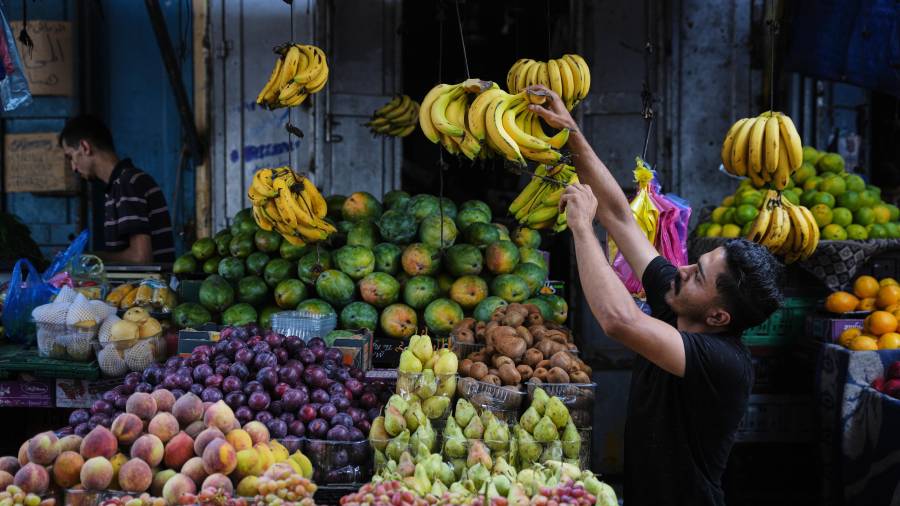 Un vendedor palestino coloca fruta en un mercado del campo de refugiados de Al-Shati, en la ciudad de Gaza, el miércoles 14 de octubre de 2026.