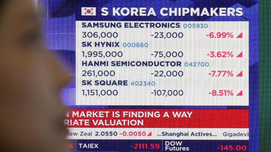 Una pantalla muestra los datos de cotización de fabricantes surcoreanos de chips, en la sala de operaciones de divisas en la sede de Hana Bank en Seúl, Corea del Su.