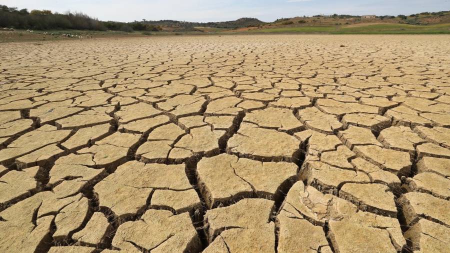 Vista del terreno seco y agrietado en la presa de Chiba, en la gobernación de Nabeul, debido al aumento de las temperaturas y la falta de lluvias, en Nabeul, Túnez, 1 de abril de 2023.