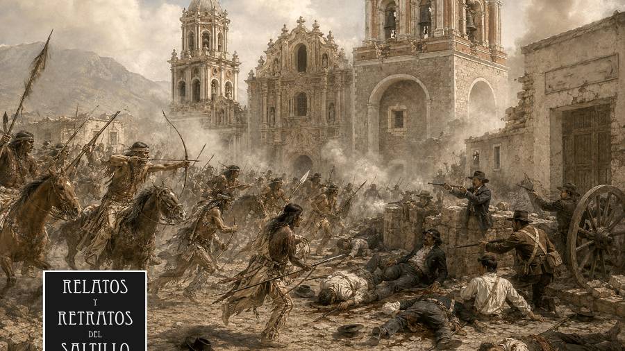 Recreación del ataque de los indios comanches a la ciudad de Saltillo en 1841.