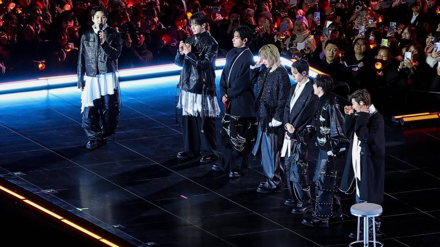 El grupo de Kpop BTS en su concierto en Seúl, Surcorea, el 21 de marzo del 2026. (Kim Hong-Ji/Pool Photo via AP)