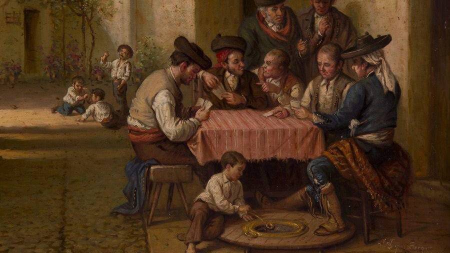Escena de hombres jugando a las cartas. Óleo de Francisco Domingo Marqués, pintor valenciano del siglo XIX.