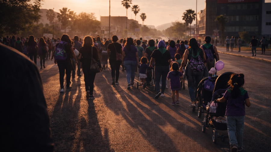 La imagen represenat a participantes del bloque de maternidades e infancias caminan durante la marcha del 8M en Saltillo de 2025. La movilización reunió a mujeres, niñas y niños que avanzaron por las principales avenidas de la ciudad.