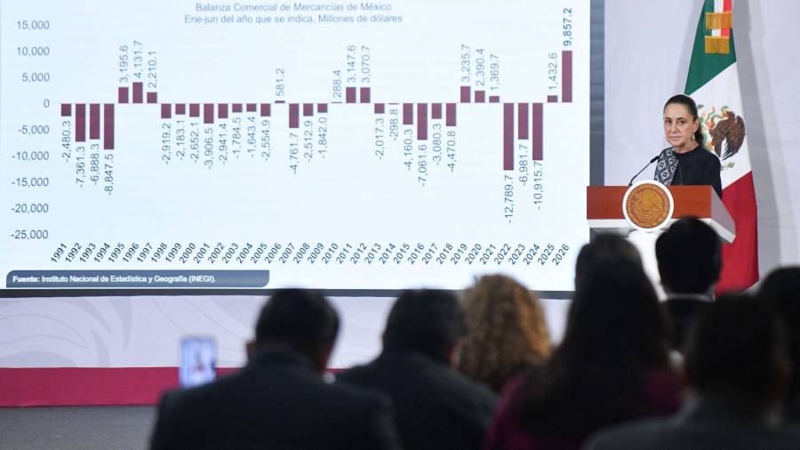Claudia Sheinbaum, presidenta de México, en su conferencia matutina en Palacio Nacional donde compartió que la balanza comercial en el país en lo que va del año registró el mayor superávit desde 1991.