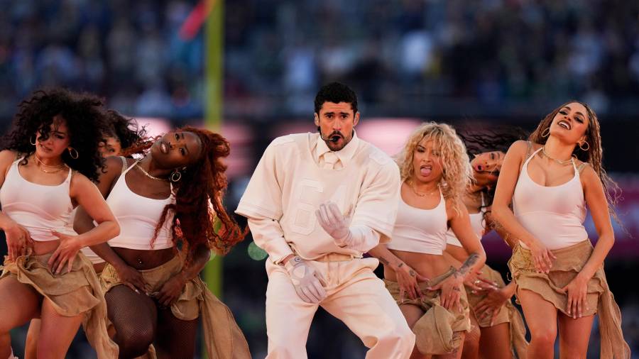 Bad Bunny performs during halftime of the NFL Super Bowl 60 football game between the New England Patriots and the Seattle Seahawks, Sunday, Feb. 8, 2026, in Santa Clara, Calif. (AP Photo/Lynne Sladky)