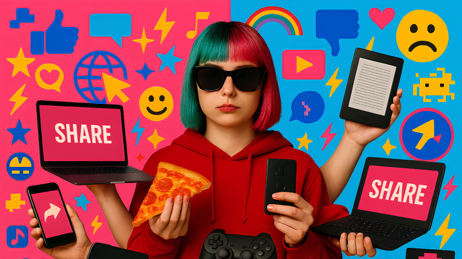 La hiperpresencia multitarea del sujeto digital: entre el gaming, la comida rápida y la compulsión por compartir, la identidad se dispersa en pantallas que exigen atención fragmentada. ¿Consumimos o solo actuamos?