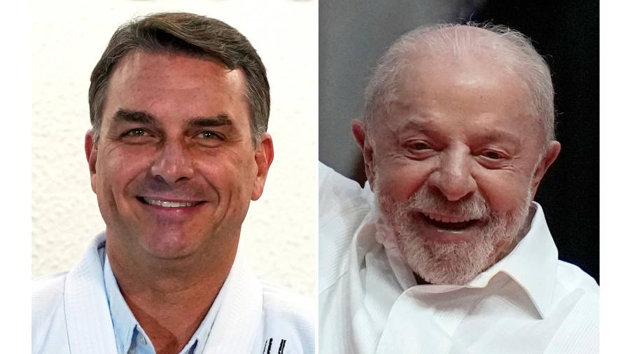 Esta combinación de fotografías muestra a Flavio Bolsonaro, izquierda, en Sao Paulo, el 29 de septiembre de 2026, y a Luiz Inacio Lula da Silva en Río de Janeiro, el 23 de septiembre de 2026.