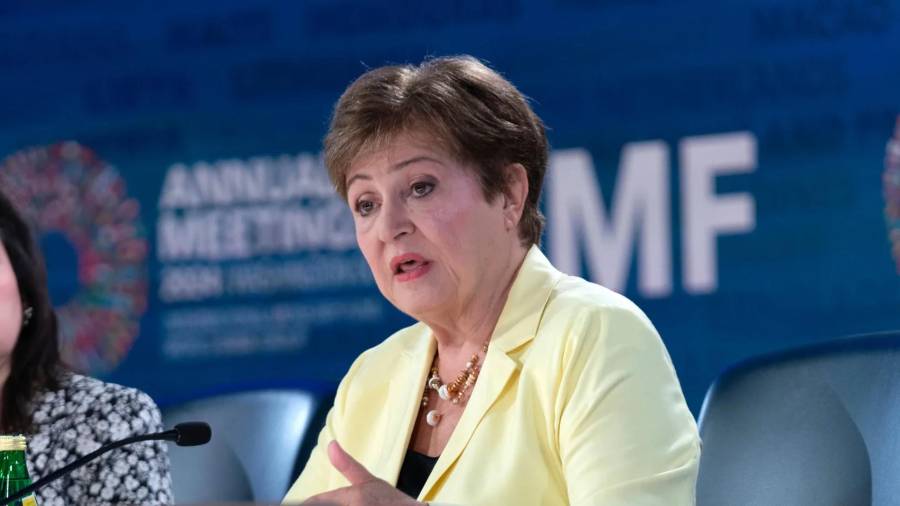 La directora gerente del Fondo Monetario Internacional, Kristalina Georgieva, en una conferencia de prensa en el marco de las reuniones anuales del Banco Mundial y el FMI en Washington, el 24 de octubre de 2024.