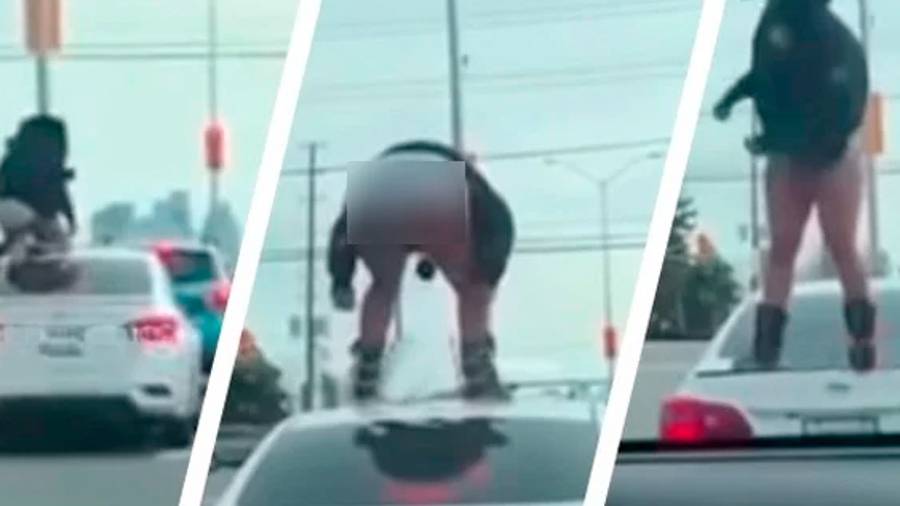 Novia ‘tóxica’ viaja semidesnuda sobre el coche de su pareja por ataque de celos