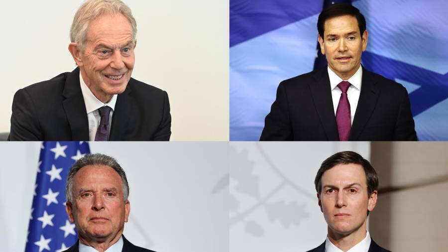 El ex primer ministro británico Tony Blair (Arriba-i), el secretario de Estado de EU, Marco Rubio (arriba-d), el emisario de la Casa Blanca, Steve Witkoff (abajo-i), y Jared Kushner supervisarán el nuevo Gobierno de Gaza.