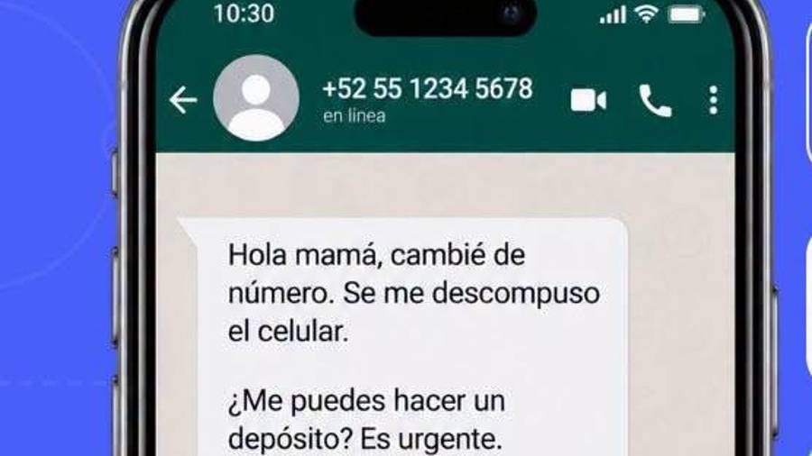 El ejemplo muestra un mensaje enviado desde un número desconocido que asegura ser un familiar.