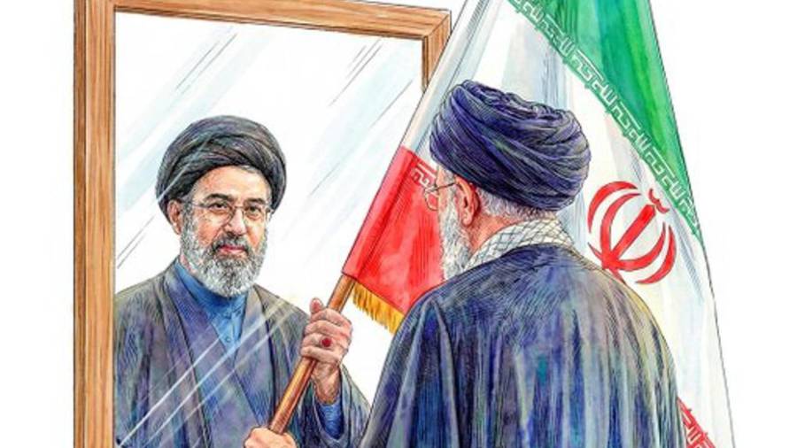 Imagen difundida en la cuenta en X @Khamenei_m del fallecido ayatolá, Ali Jameneí, donde se ve a Jameneí (d) entregando una bandera de Irán a su hijo Mojtaba Jameneí.